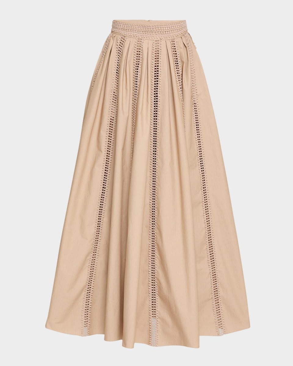 Embroidered Poplin Pleated Midi Skirt